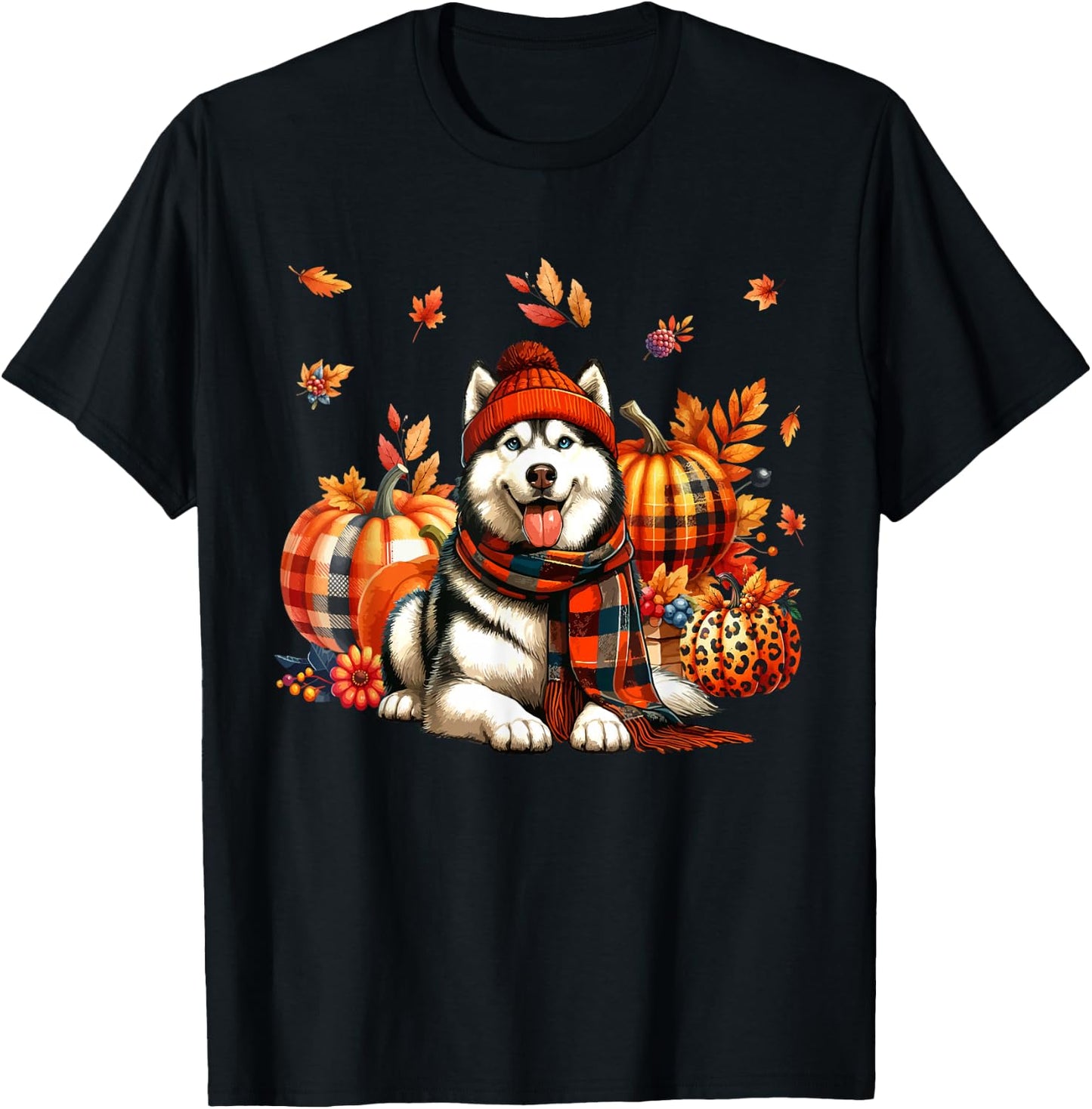Husky Thanksgiving Leopard Pumpkins Fall Leaves Lover T-Shirt - T-Shirt | Black