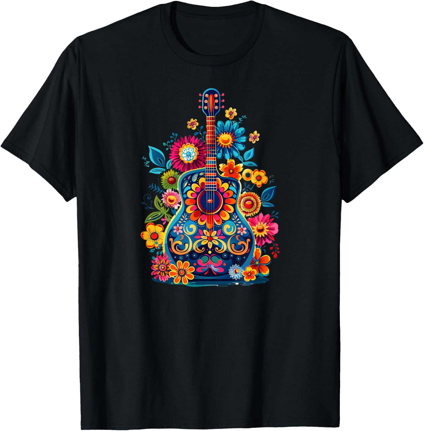 Cute Hippie Acoustic Flower Guitar - Floral Hippie Music Fan T-Shirt - T-Shirt | Black