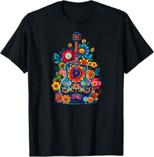 Cute Hippie Acoustic Flower Guitar - Floral Hippie Music Fan T-Shirt - T-Shirt | Black