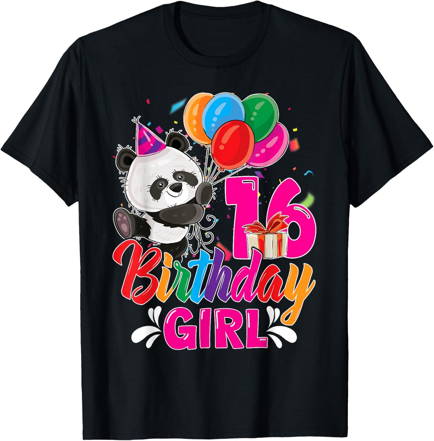Birthday 16 Years Old Girl Panda Lovers 16th Bday Party T-Shirt - T-Shirt | Black