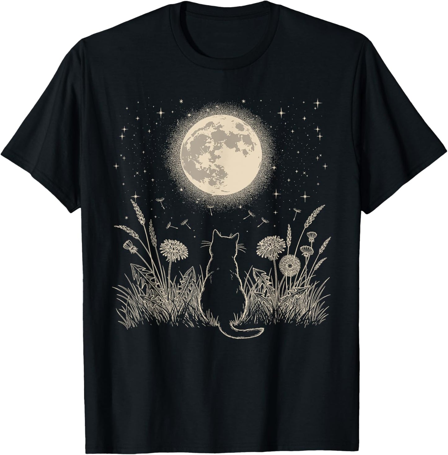 Black Cat Moon Floral Aesthetic Men Women Kitten Halloween T-Shirt - T-Shirt | Black