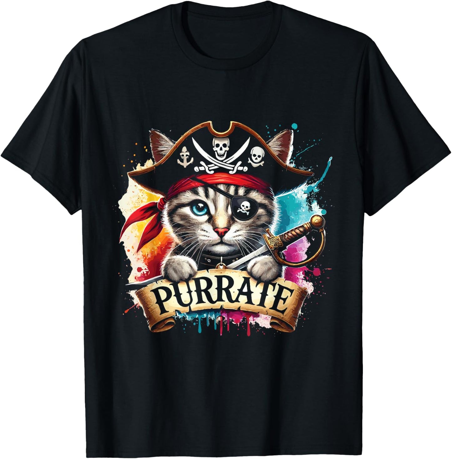 Halloween Pirate Cat Purrate Cute Cat Men Women Kids T-Shirt - T-Shirt | Black