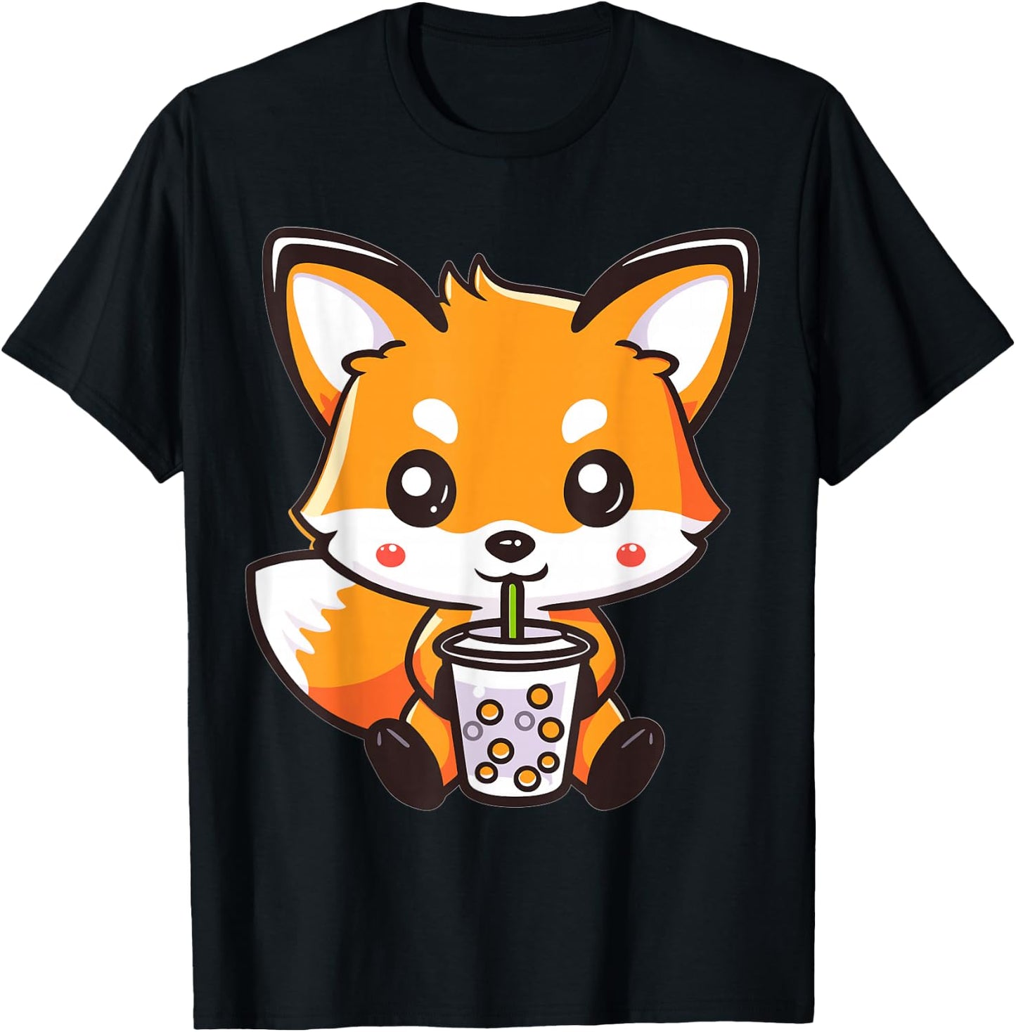 Kawaii Fox Drinking Bubble Tea Boba Anime Cute Graphic T-Shirt - T-Shirt | Black