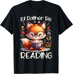 I'd Rather Be Reading Cute Fox Book Lover Reader Bookworm T-Shirt - T-Shirt | Black