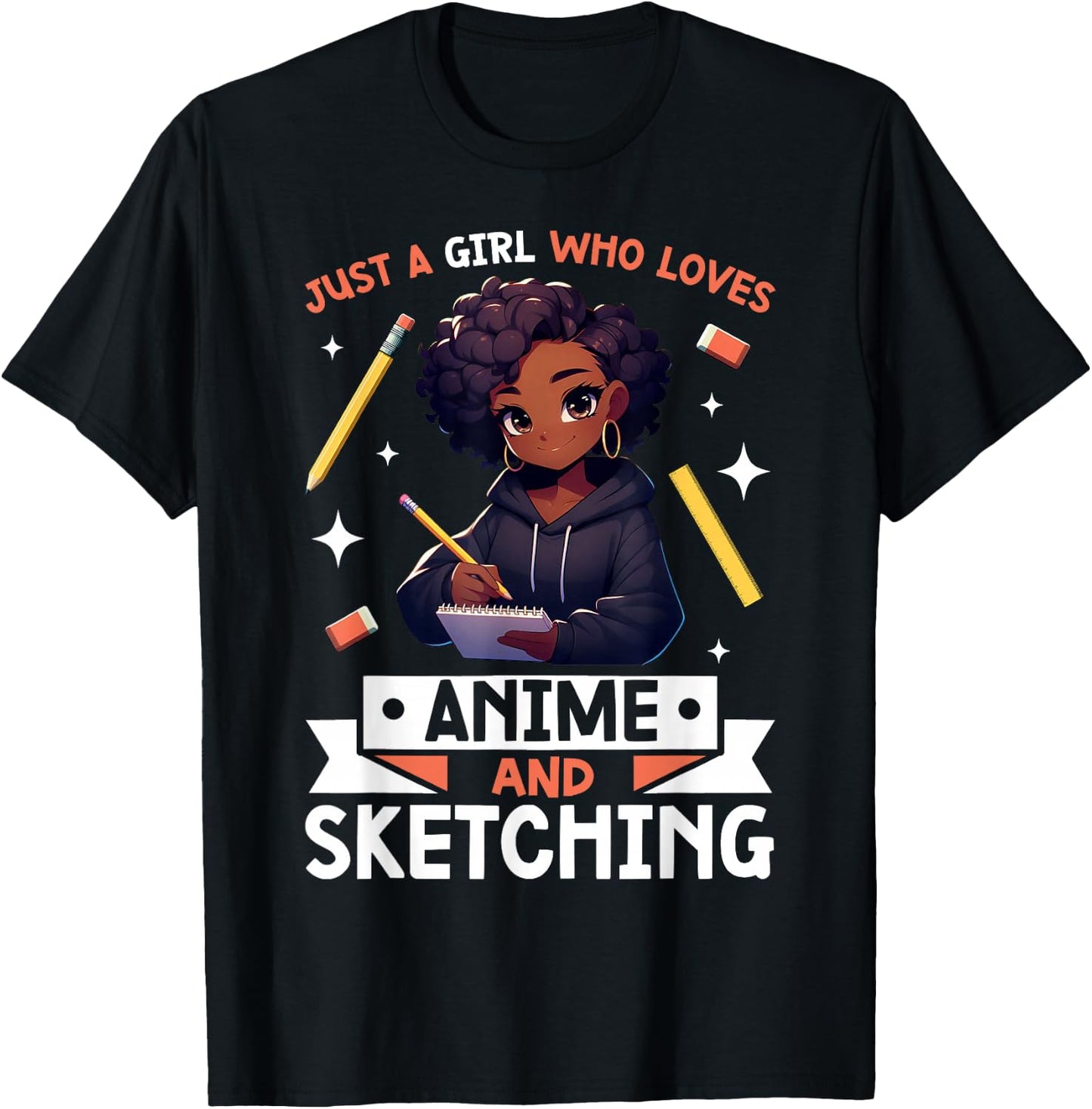 Just A Girl Who Loves Anime And Sketching Afro Anime Merch T-Shirt - T-Shirt | Black