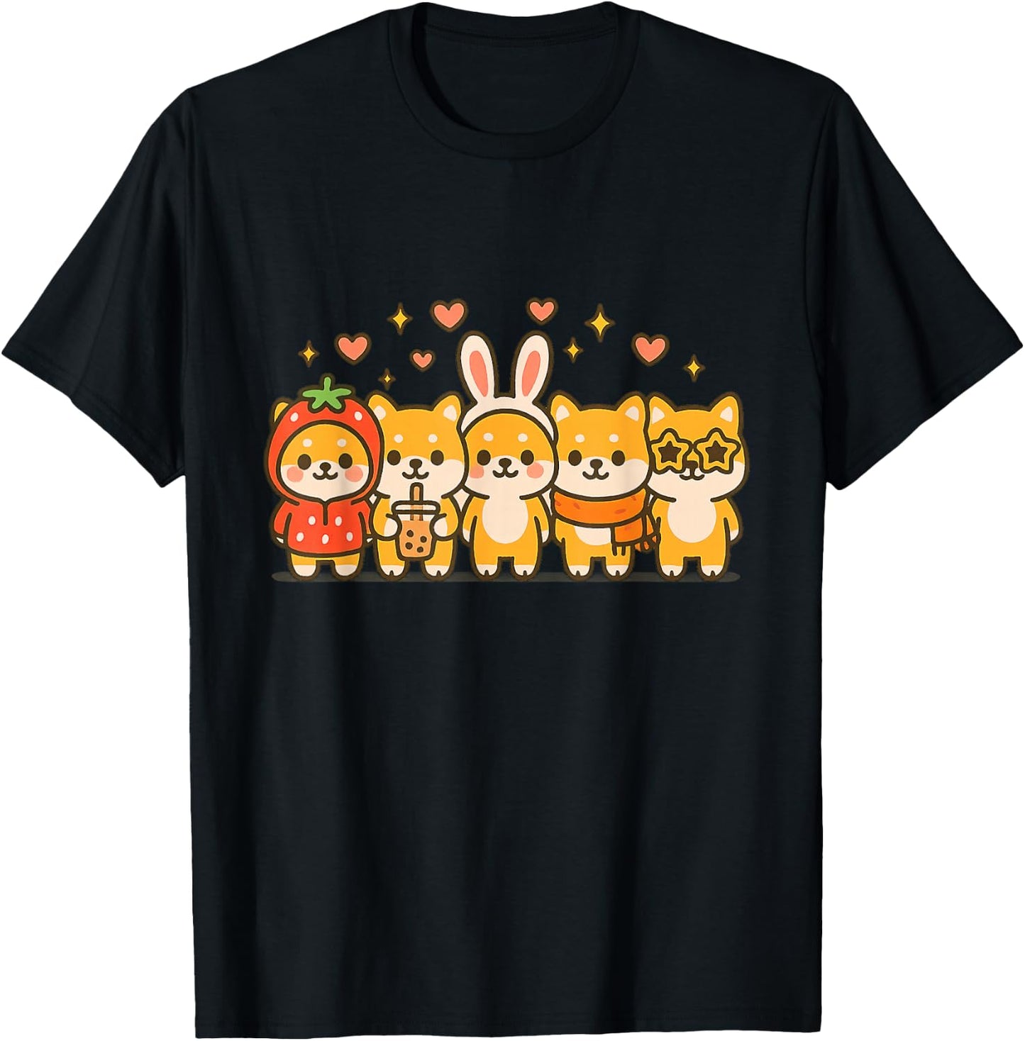 Kawaii Shiba Inu Squad Cute Strawberry Bunny Boba Dog Art T-Shirt - T-Shirt | Black
