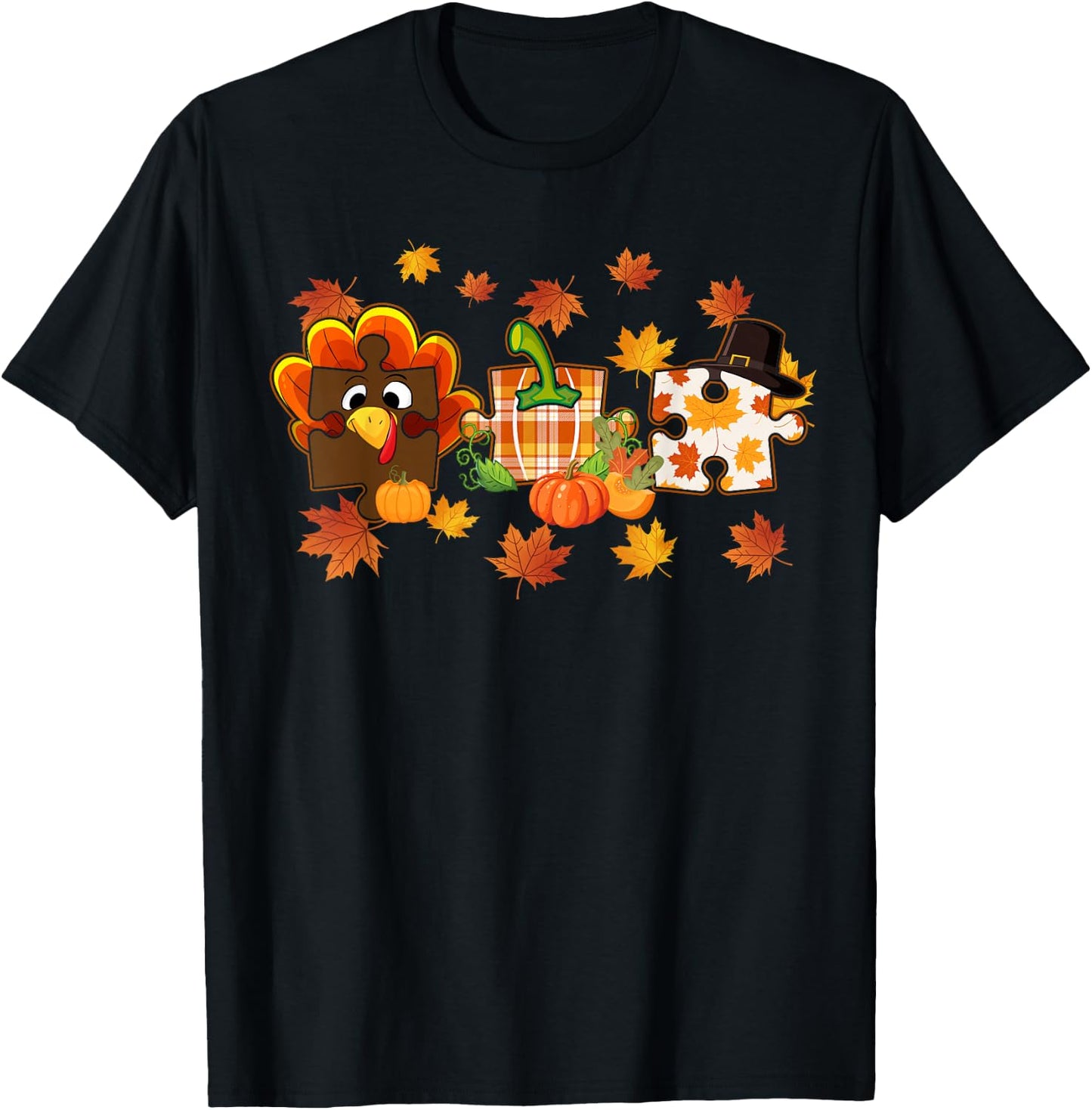 Cute Turkey Autism Awareness Puzzle Pumpkin for Thanksgiving T-Shirt - T-Shirt | Black