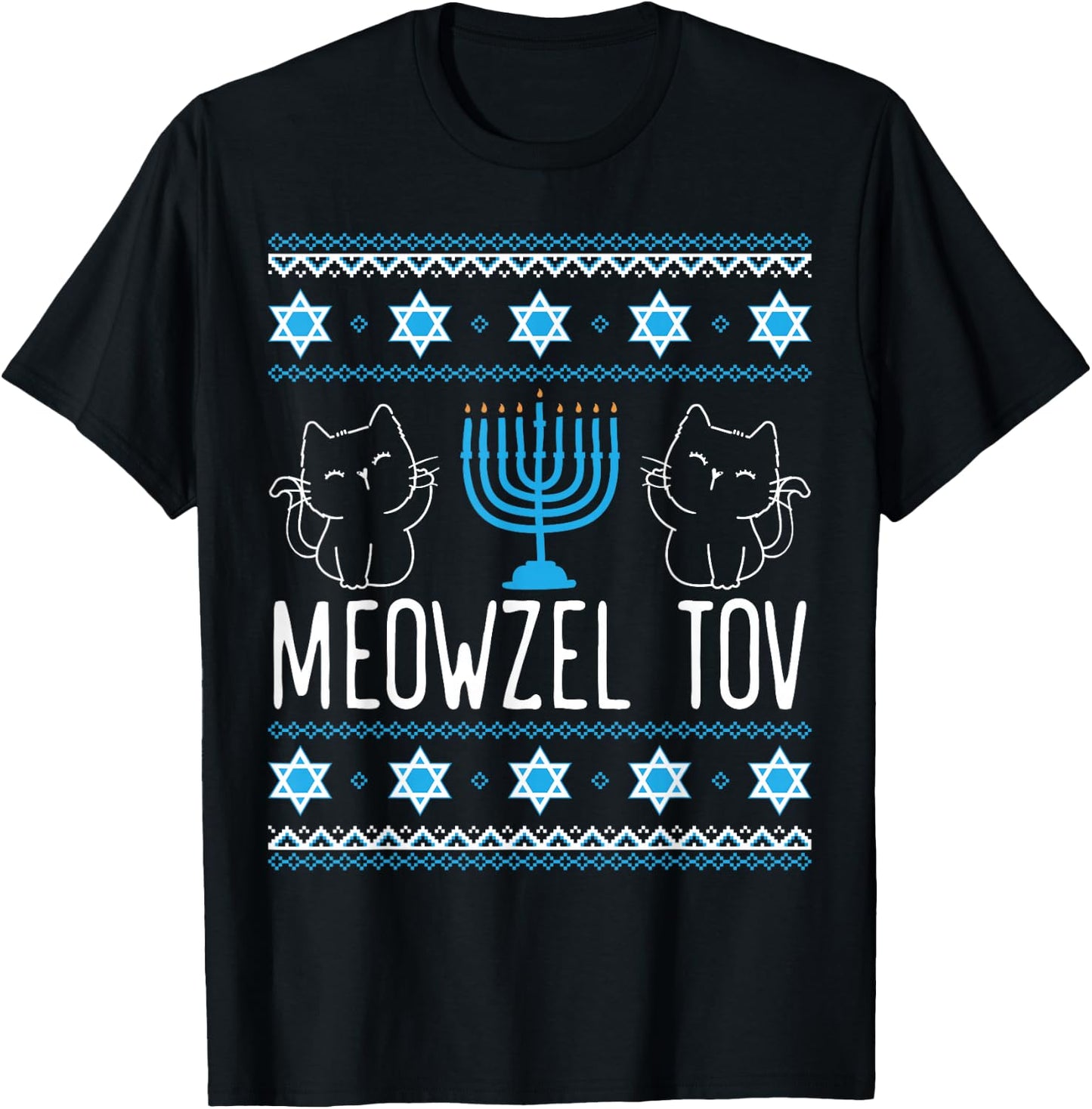 Meowzel Tov Menoarah Hanukkah Cat Lover Jewish Kitty T-Shirt - T-Shirt | Black