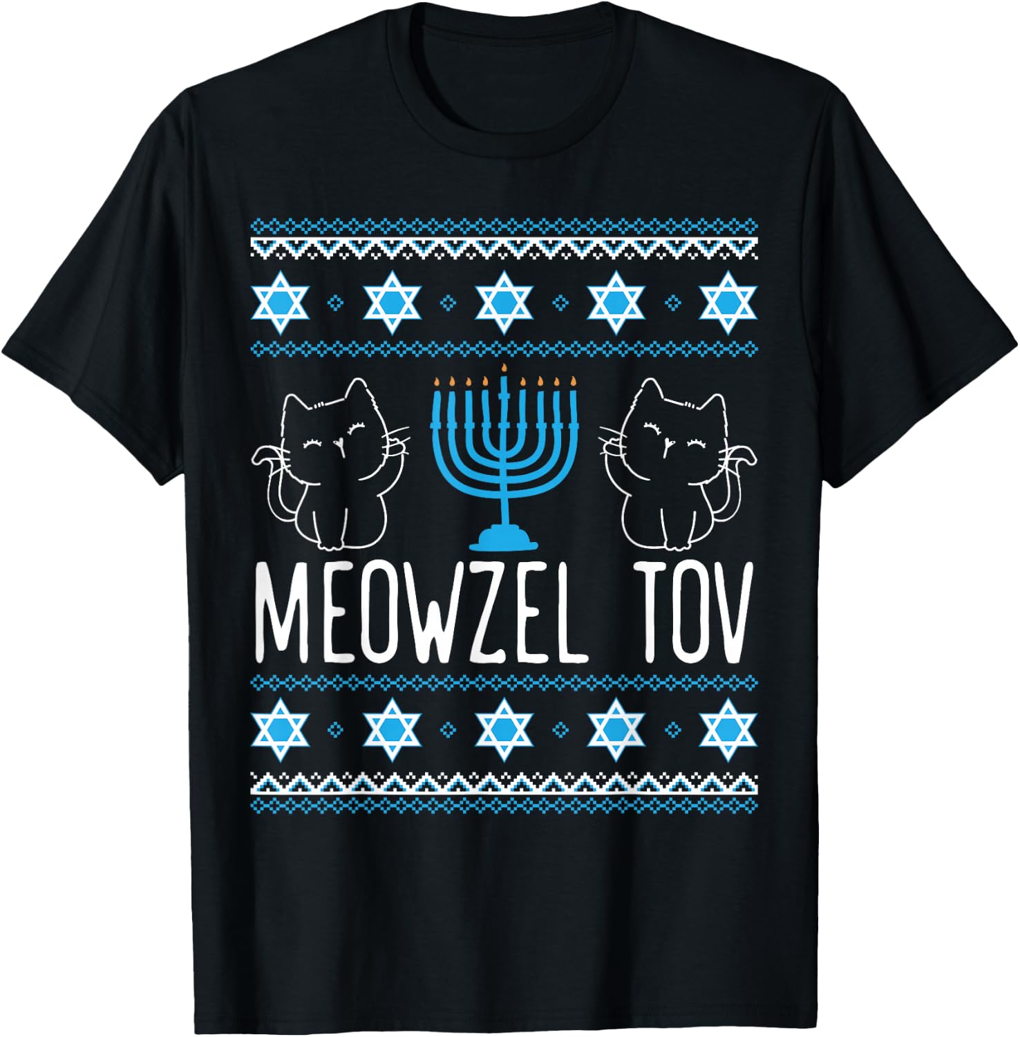 Meowzel Tov Menoarah Hanukkah Cat Lover Jewish Kitty T-Shirt - T-Shirt | Black