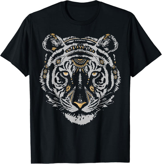 Tribal Tiger Head With Gold Flakes T-Shirt - T-Shirt | Black