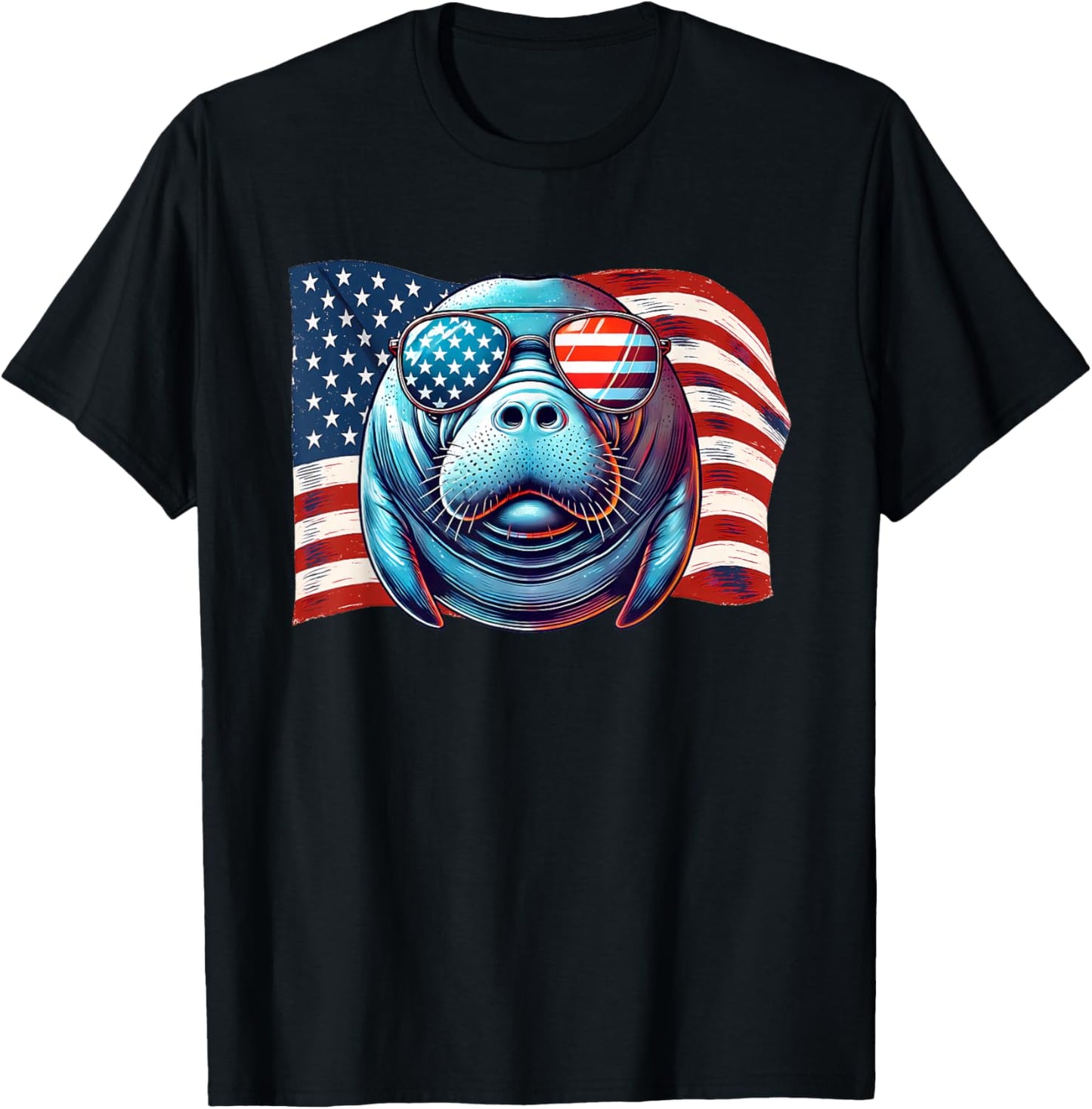 Manatee Sea Animals USA Flag Patriotic Sunglasses Americans T-Shirt - T-Shirt | Black