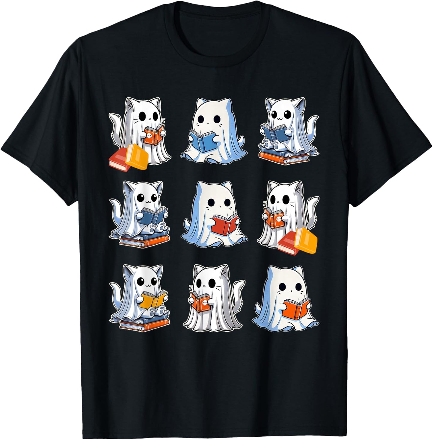 Funny Cats Reading Halloween Cute Cats Ghosts Reading Books T-Shirt - T-Shirt | Black