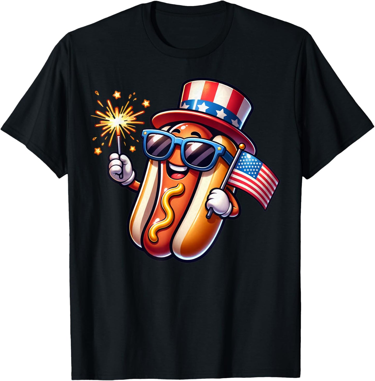 4th of July Sparkler Hotdog Funny Patriotic Flag T-Shirt - T-Shirt | Black