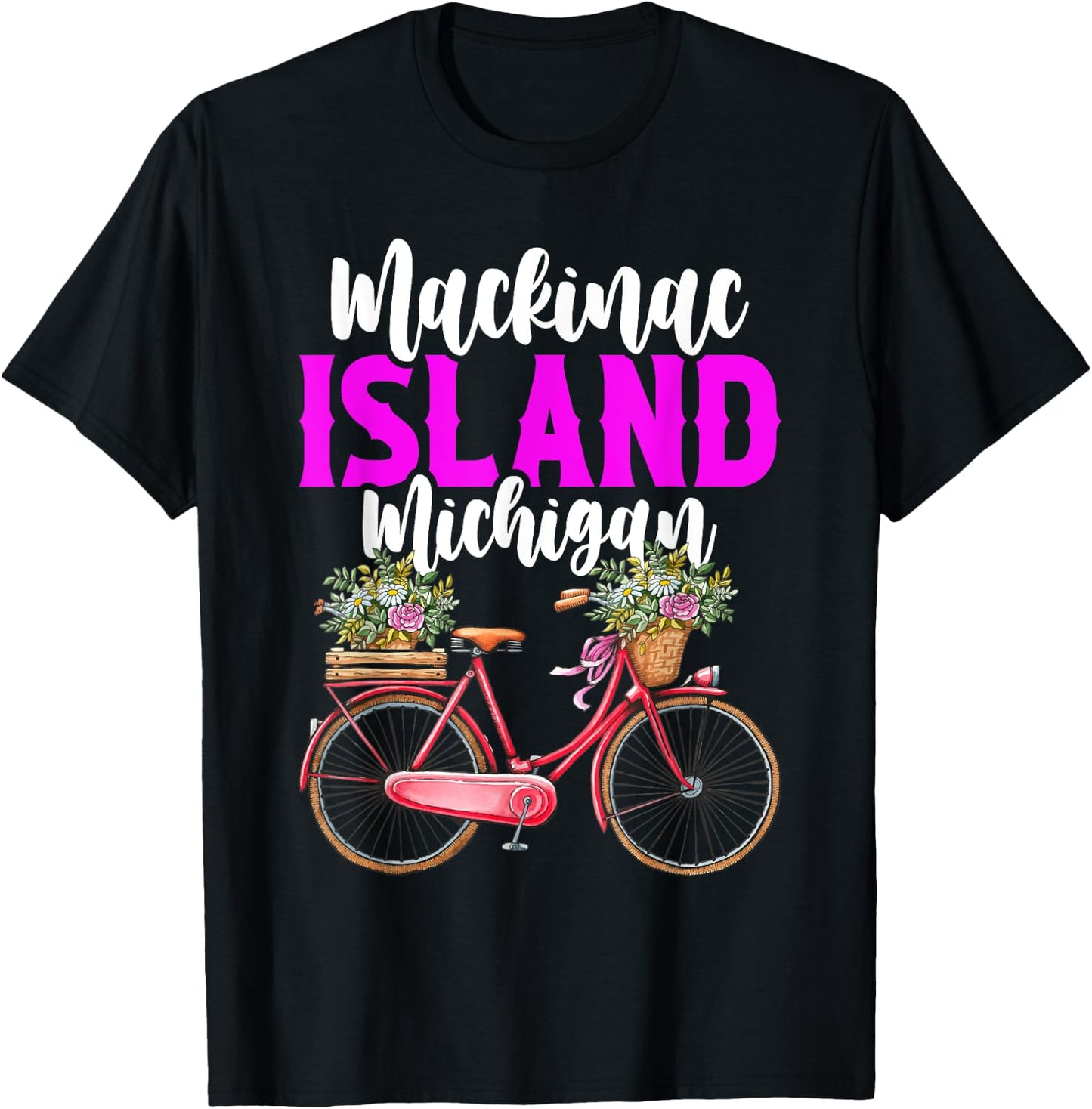 Mackinac Island Michigan Vintage Bike Flowers T-Shirt - T-Shirt | Black