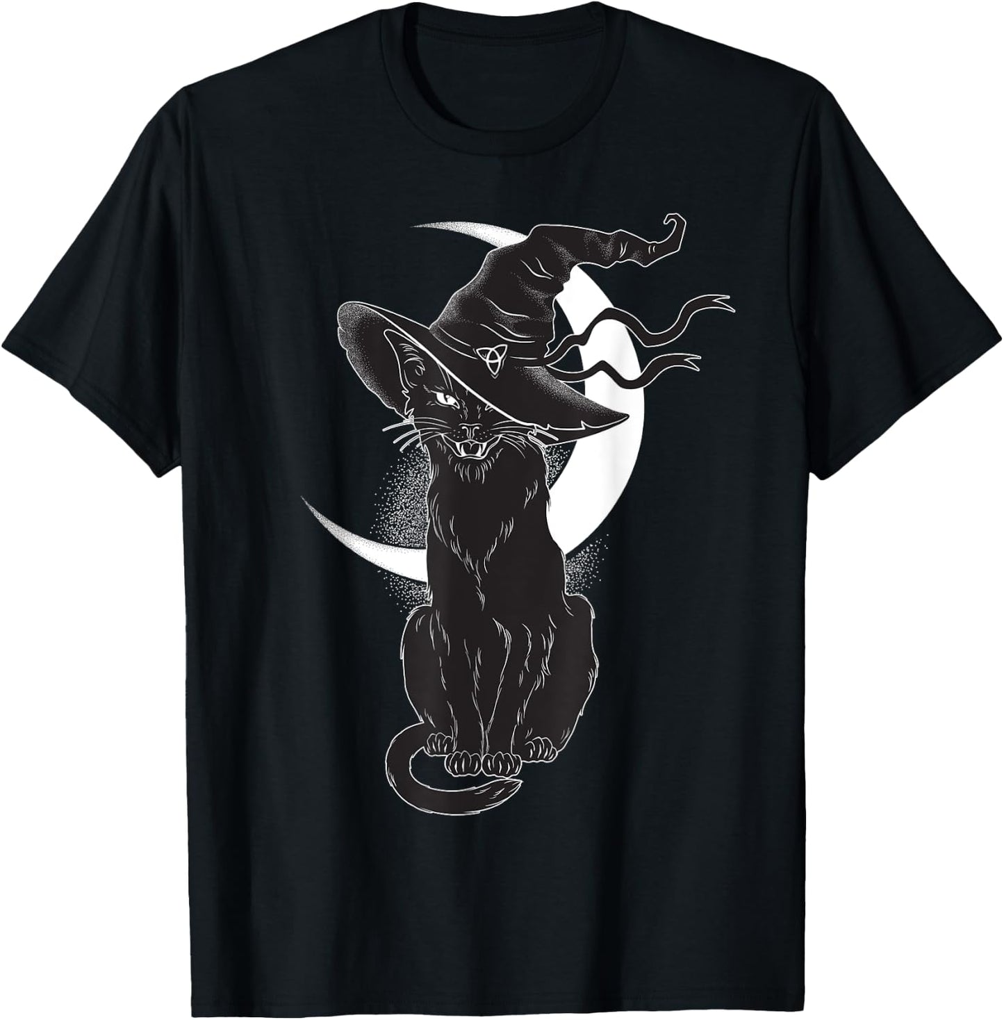 Vintage Scary Halloween Black Cat Costume Witch Hat & Moon T-Shirt - T-Shirt | Black