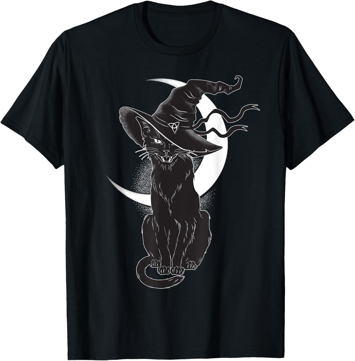 Vintage Scary Halloween Black Cat Costume Witch Hat & Moon T-Shirt - T-Shirt | Black