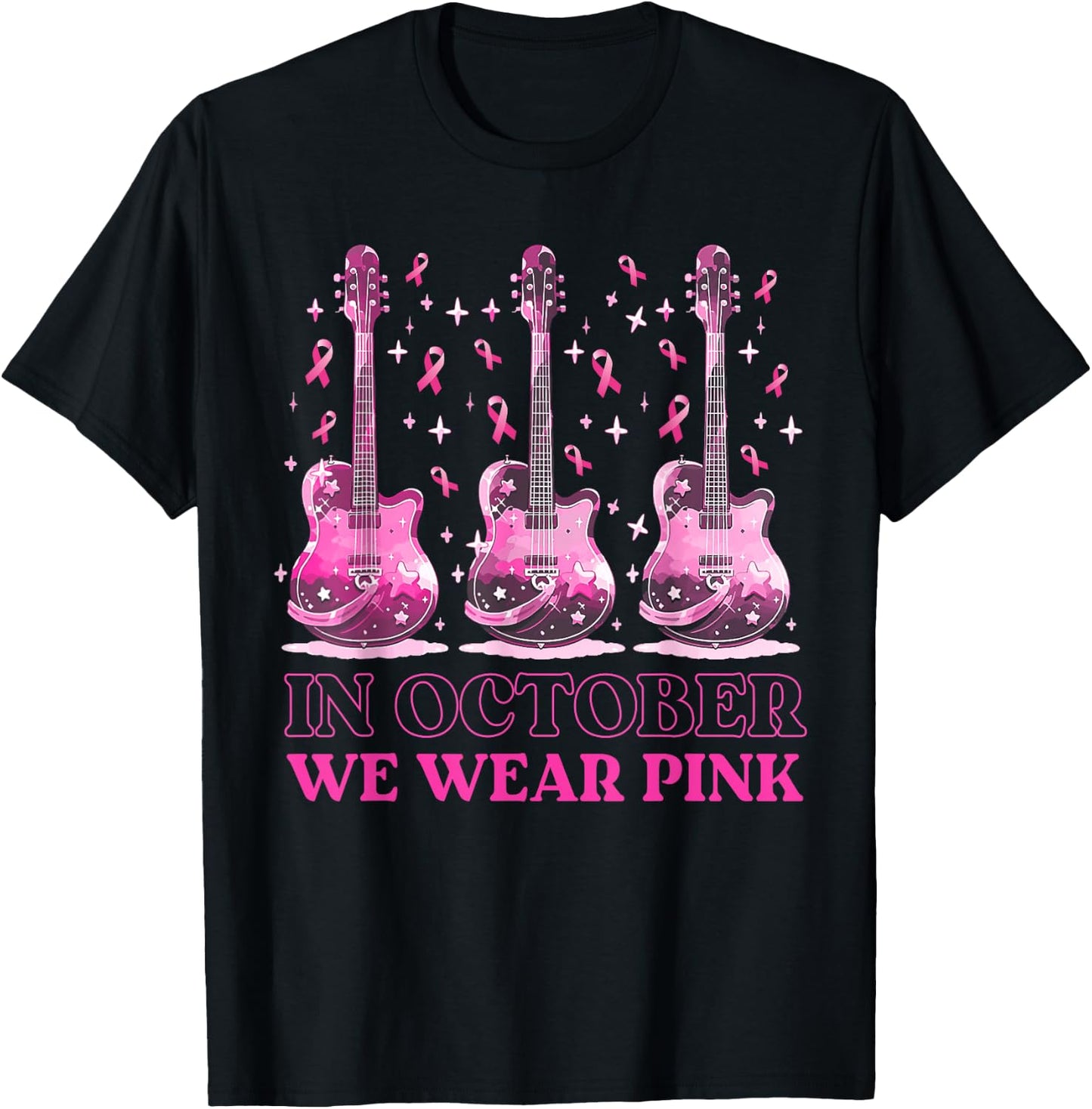 In October We Wear Pink Ribbon Guitar For Breast Cancer T-Shirt - T-Shirt | Black