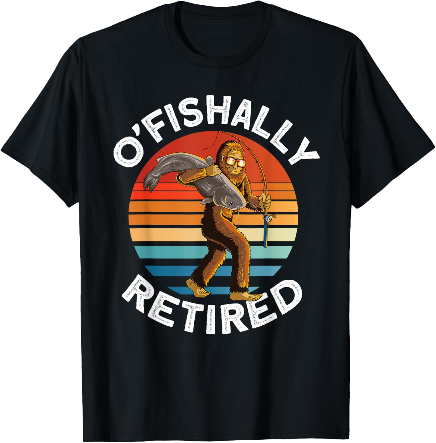Ofishally Retired - Bigfoot fishing retro Retirement dad men T-Shirt - T-Shirt | Black