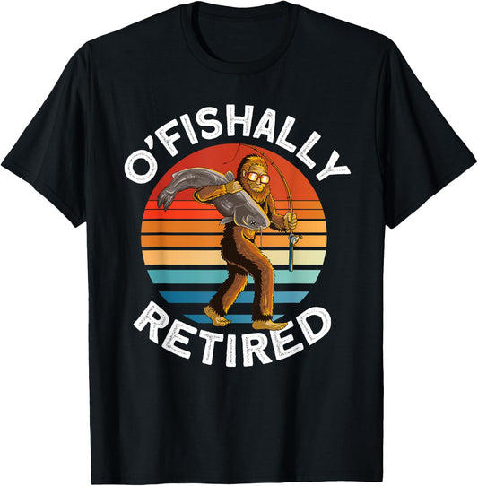 Ofishally Retired - Bigfoot fishing retro Retirement dad men T-Shirt - T-Shirt | Black