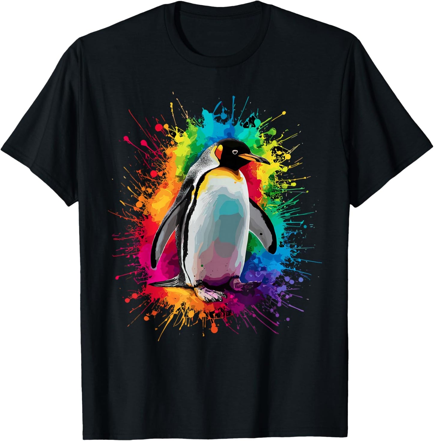 Colorful Paint Splash Penguin Animal Art Graphic T-Shirt - T-Shirt | Black