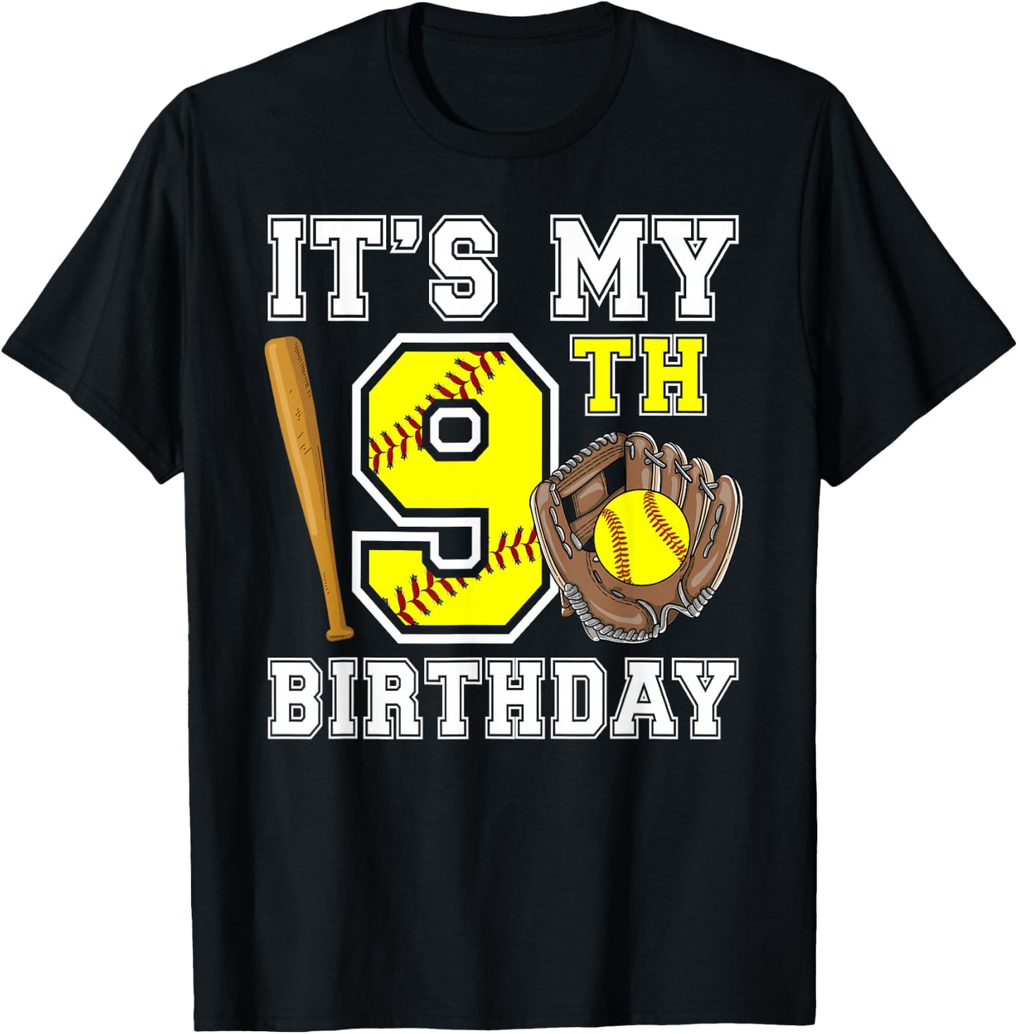 9th Birthday Softball Girl 9 Year Old Softball Player T-Shirt - T-Shirt | Black
