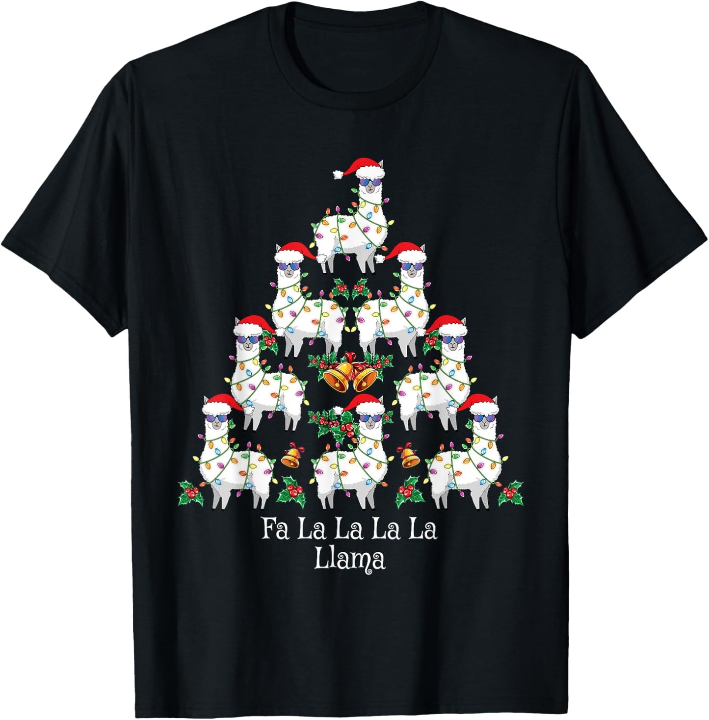 Fa La La Llama Kids Funny Christmas Tree Lights Llama Xmas T-Shirt - T-Shirt | Black