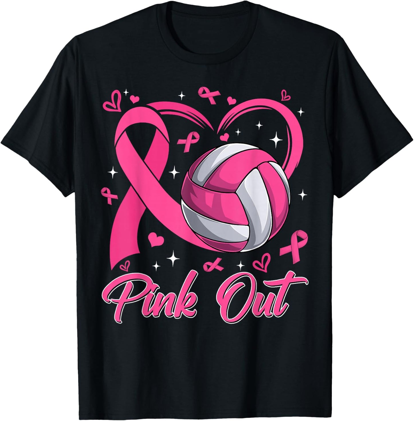 Pink Out Breast Cancer Awareness Day Volleyball Pink Ribbon T-Shirt - T-Shirt | Black