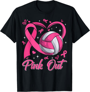 Pink Out Breast Cancer Awareness Day Volleyball Pink Ribbon T-Shirt - T-Shirt | Black