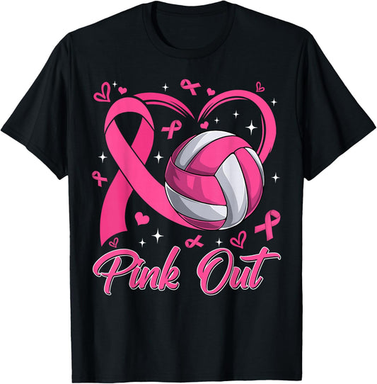 Pink Out Breast Cancer Awareness Day Volleyball Pink Ribbon T-Shirt - T-Shirt | Black