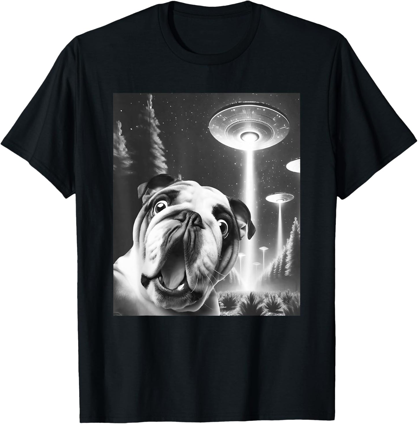 Funny English Bulldog Alien UFO Taking a Selfie Dog Mom Dad T-Shirt - T-Shirt | Black