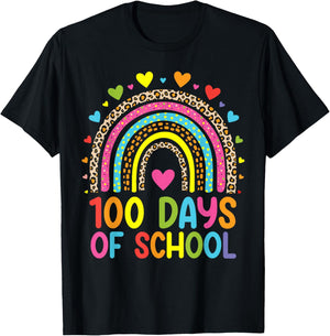 100 Days Of School Leopard Rainbow Happy 100th Day Teacher T-Shirt - T-Shirt | Black