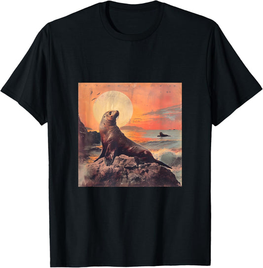 Vintage Sunset Sea Lion T-Shirt - T-Shirt | Black