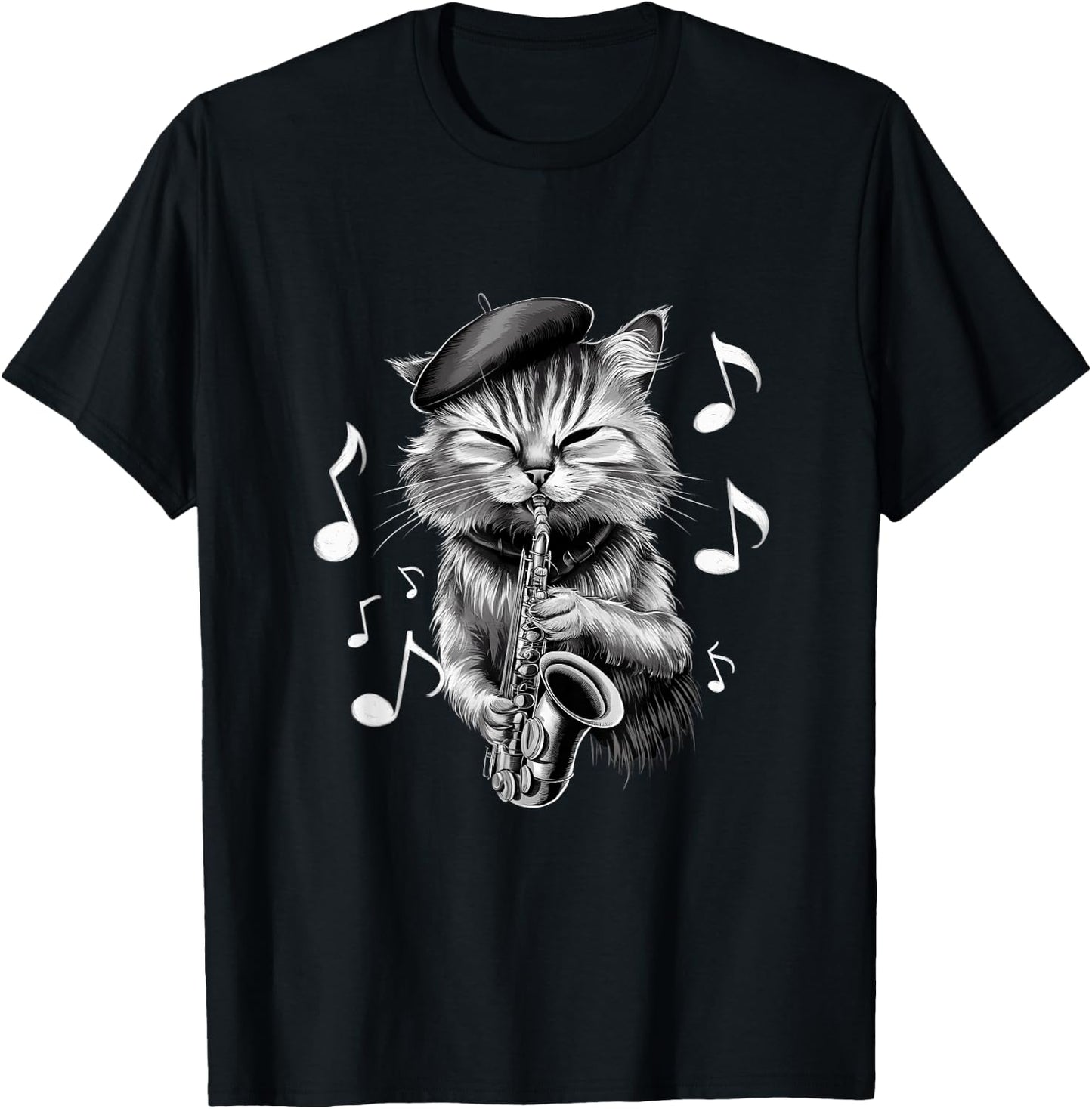 Cool Jazz Cat Playing Saxophone Cartoon Art Women T-Shirt - T-Shirt | Black