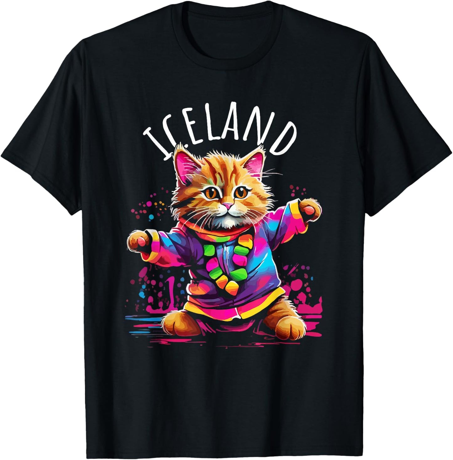 Iceland Quirky Funny Cute Colorful Dancing Cat Design T-Shirt - T-Shirt | Black