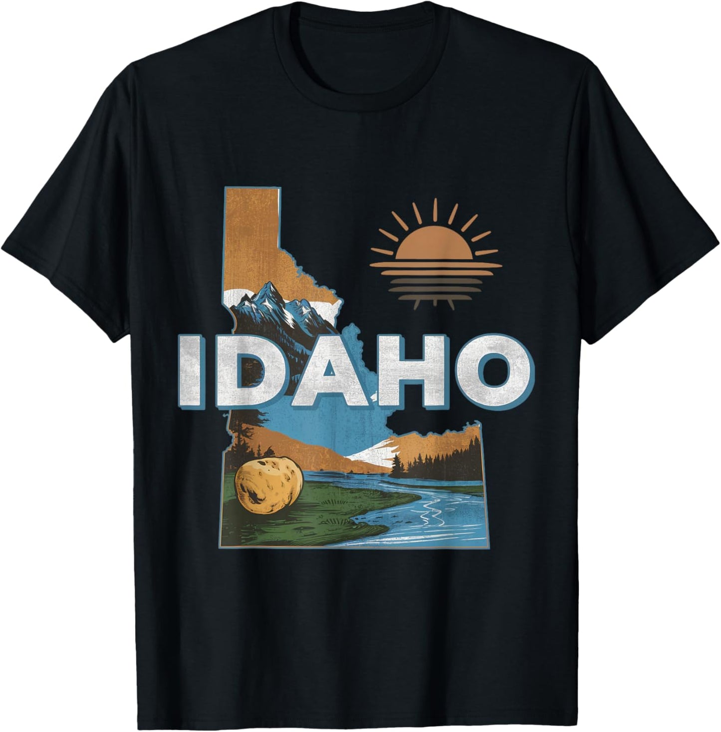 Idaho USA State Potato Mountains Scenic River Souvenir T-Shirt - T-Shirt | Black