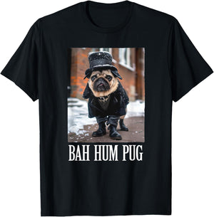 Funny Dog Bah Hum Pug Christmas Pet Holiday Photo Humbug Bug Men Women Girls Kids T-Shirt - T-Shirt | Black