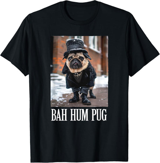 Funny Dog Bah Hum Pug Christmas Pet Holiday Photo Humbug Bug Men Women Girls Kids T-Shirt - T-Shirt | Black