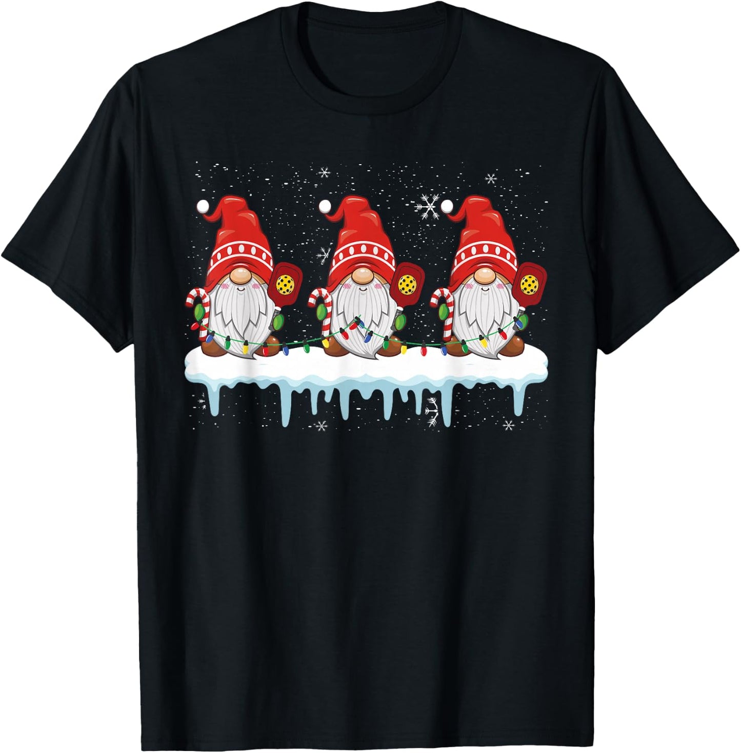 3 Christmas Gnome With Pickleball Christmas Lights T-Shirt - T-Shirt | Black