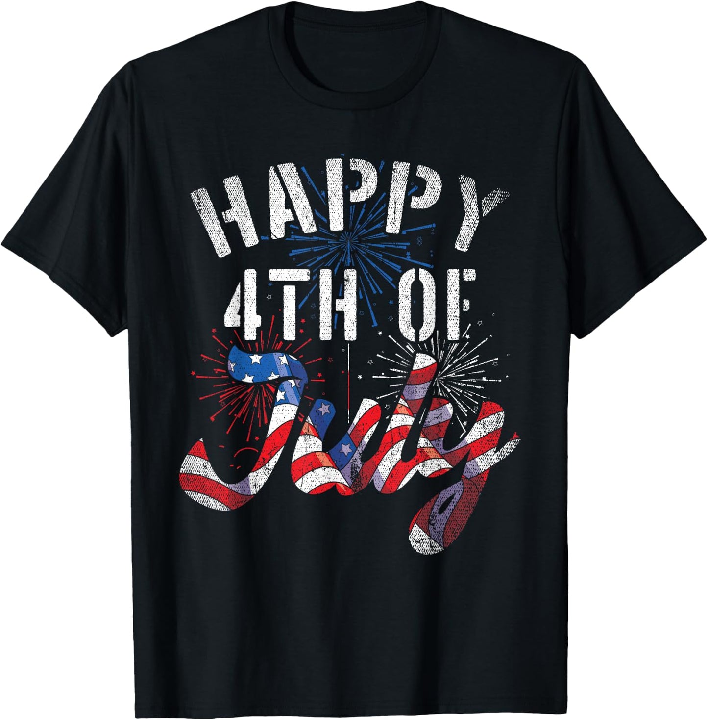 Fireworks Happy 4th Of July US Flag American 4th Of July Women Kids Men T-Shirt - T-Shirt | Black