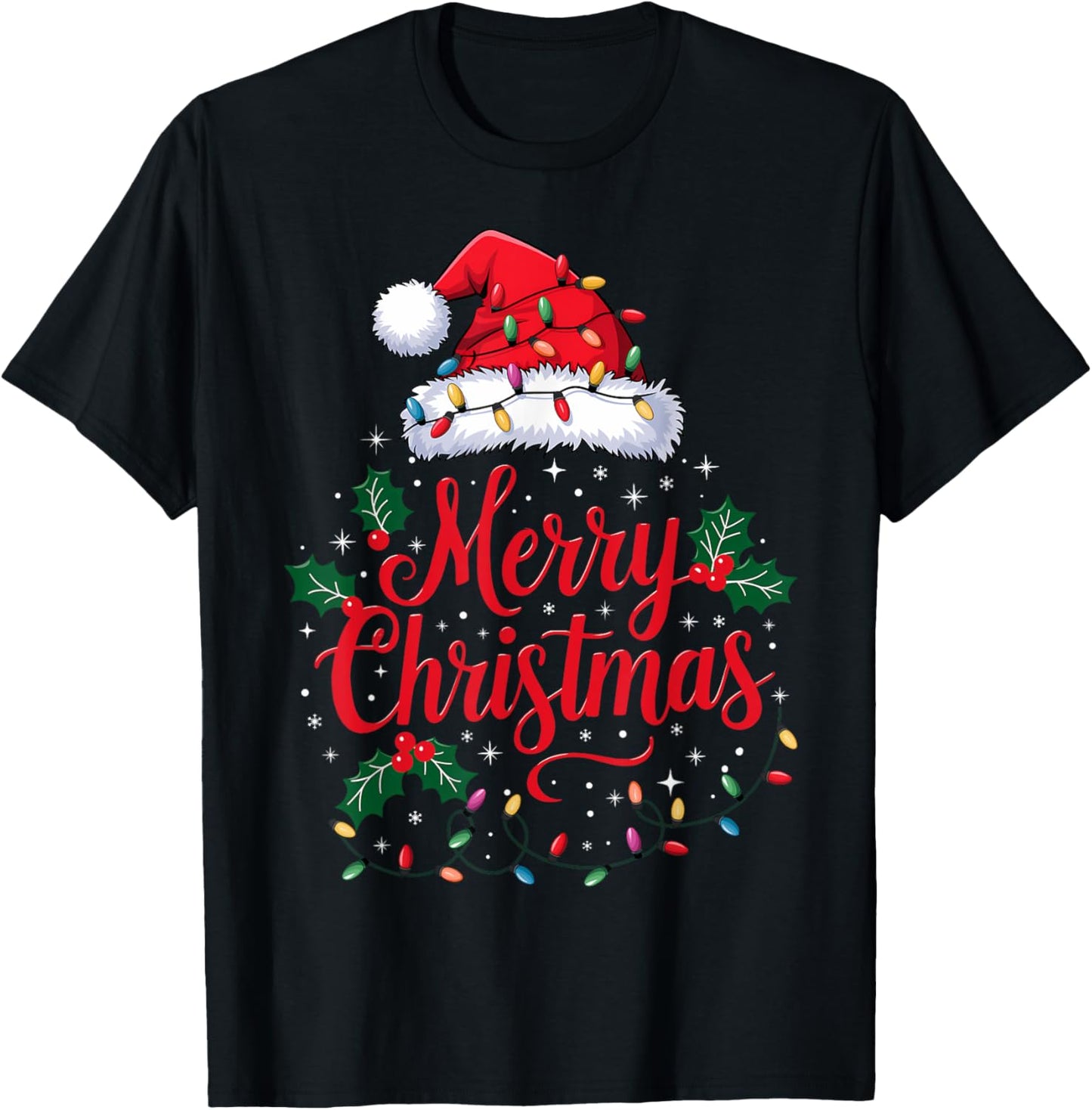 Merry Christmas Lights Red Santa Hat Xmas Family Men Women T-Shirt - T-Shirt | Black