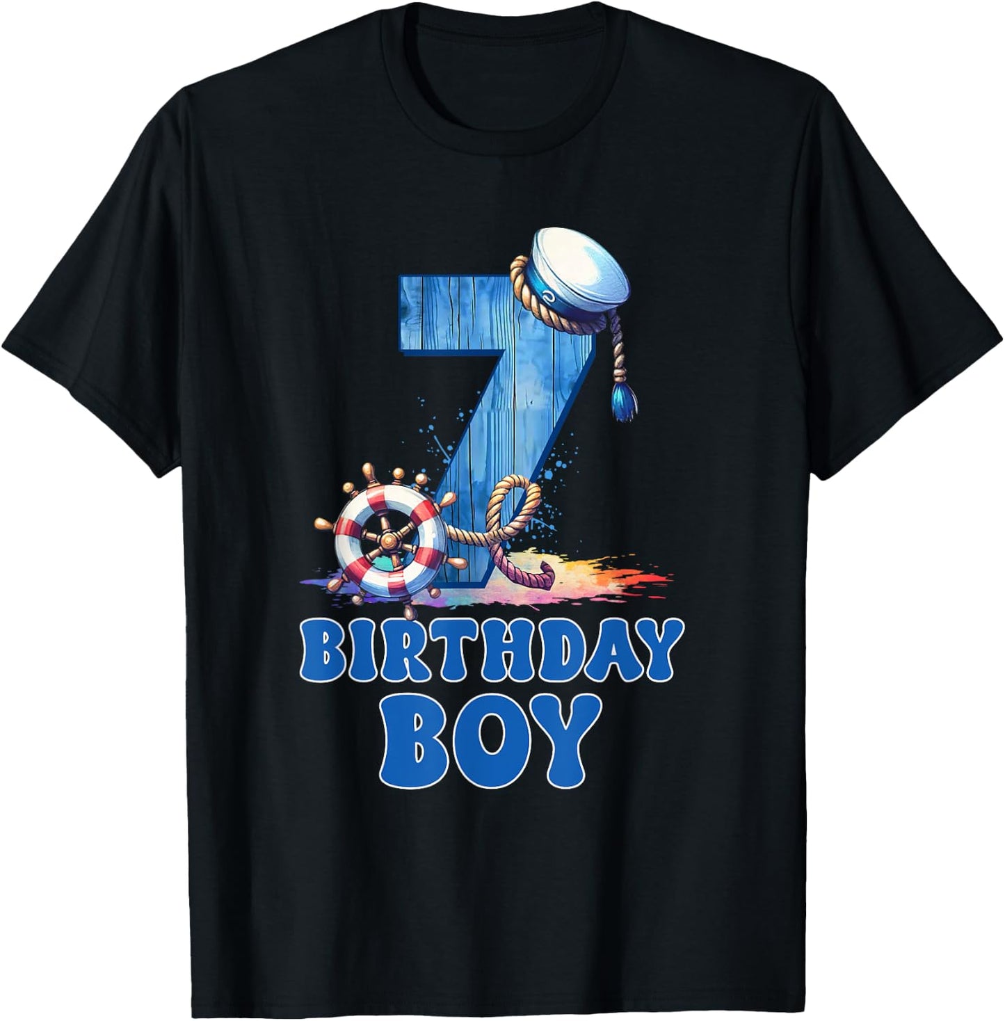 7 Year Old Boy Birthday Sailor Nautical 7th Birthday Party T-Shirt - T-Shirt | Black