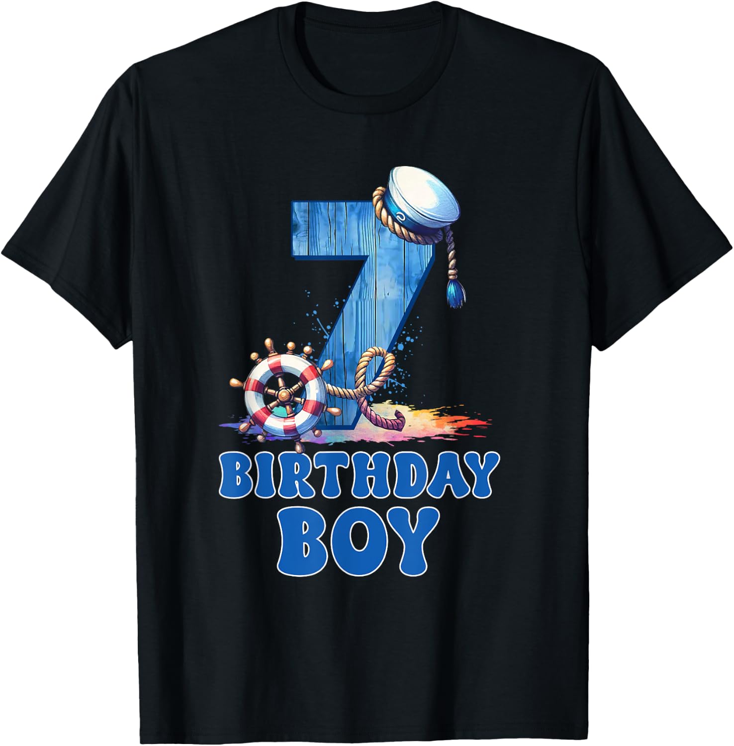 7 Year Old Boy Birthday Sailor Nautical 7th Birthday Party T-Shirt - T-Shirt | Black