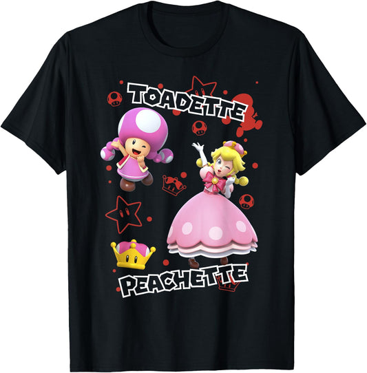 Super Mario Peachette And Toadette Symbol Collage Portrait T-Shirt - T-Shirt | Black