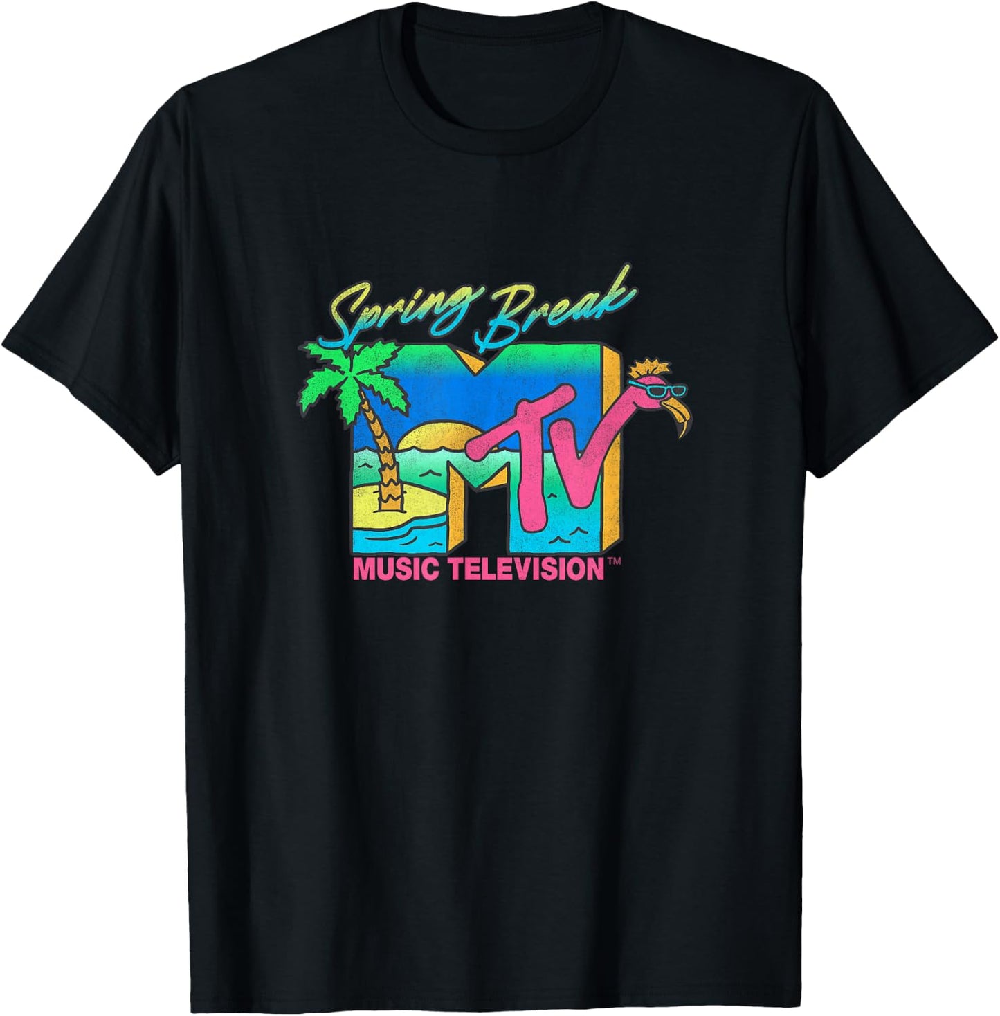 MTV Retro Spring Break Neon Flamingo Party Island Logo T-Shirt - T-Shirt | Black