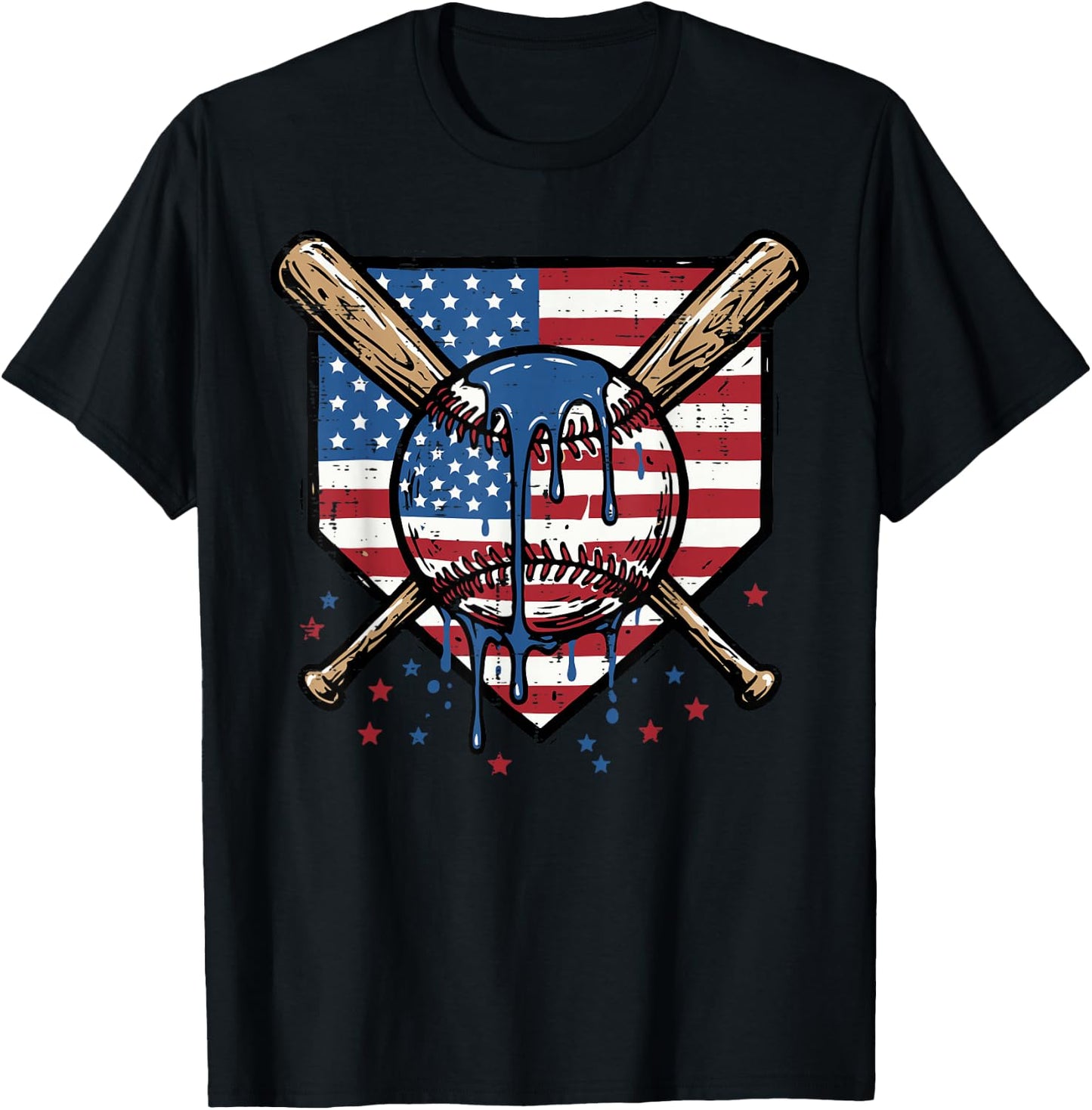 Baseball Ball Bats Homeplate Flag 4th of July Men Boys Kids T-Shirt - T-Shirt | Black