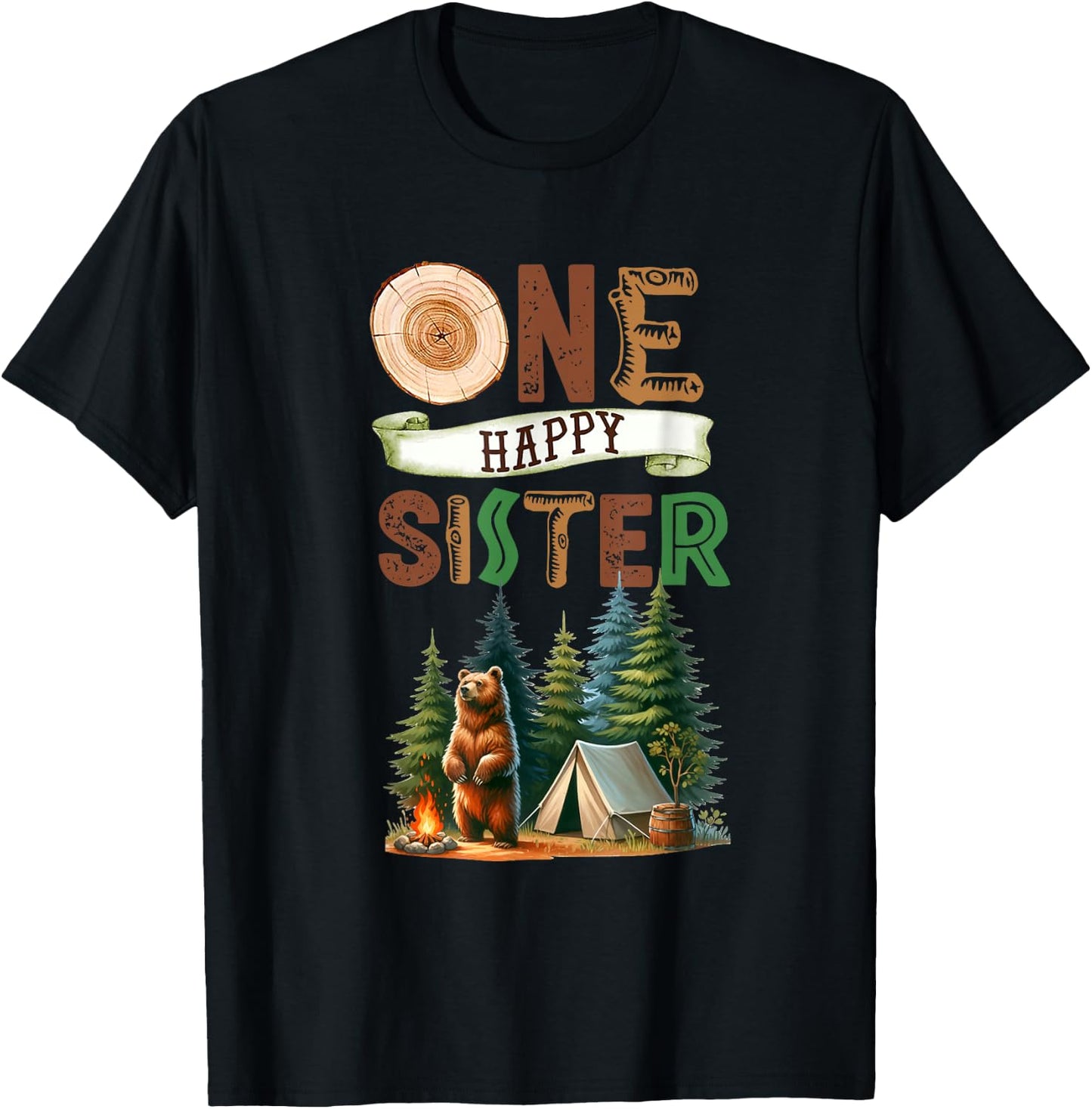 One Happy Sister Camper First Birthday Camping Bear Sister T-Shirt - T-Shirt | Black