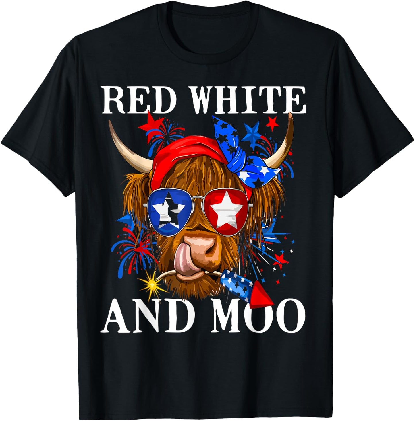 Red White and Moo Patriotic Cow USA Flag Funny 4th of July T-Shirt - T-Shirt | Black