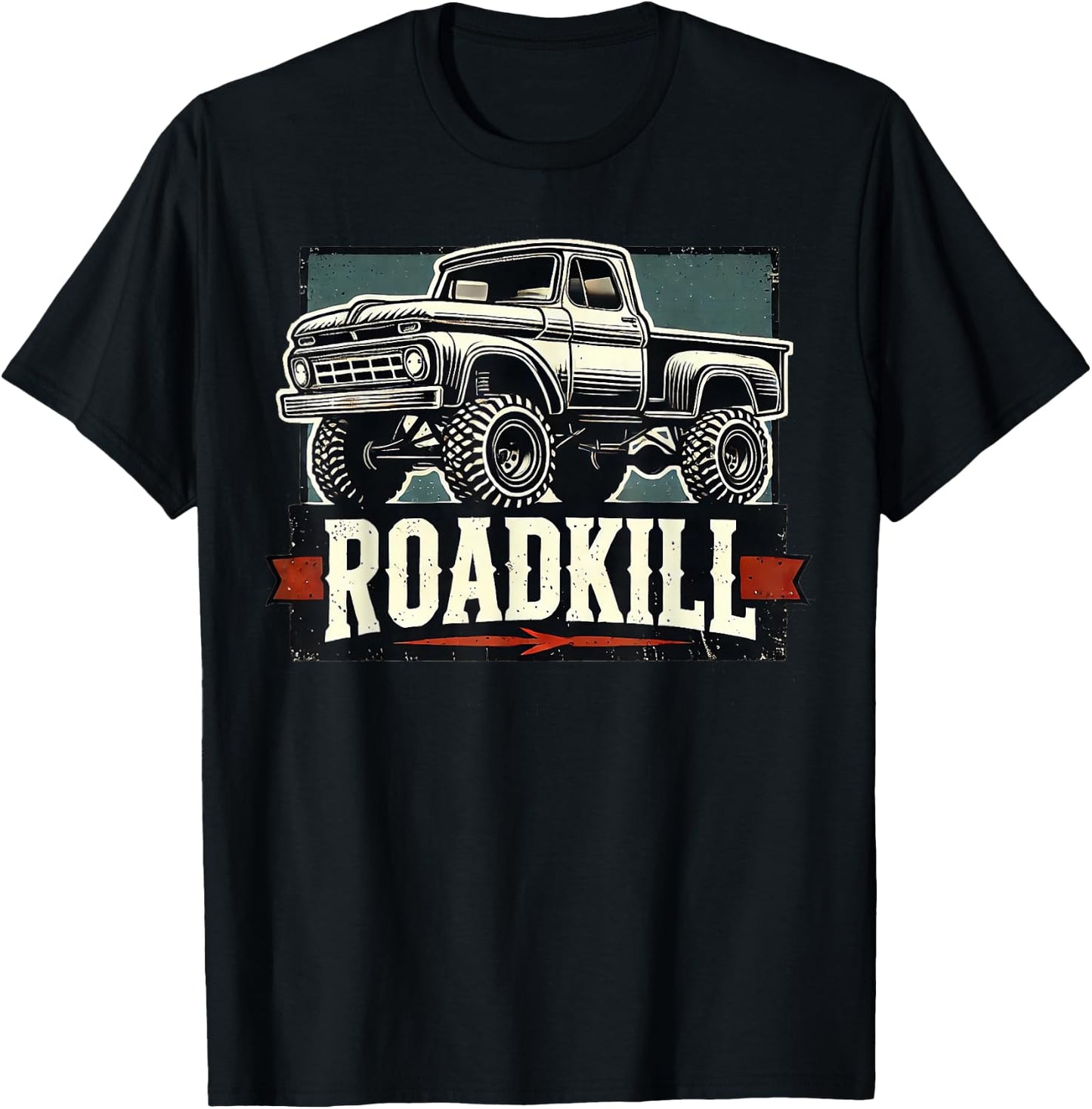 Motortrend Vintage Muscle Roadkill Pickup in Action - Black, -Adults, Short Sleeve, Letter Print, Modern, Vehicle Theme T-Shirt - T-Shirt | Black