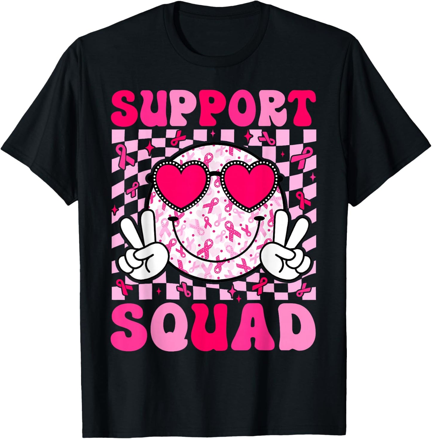 Support Squad Breast Cancer Awareness Pink Ribbon Smile Face T-Shirt - T-Shirt | Black