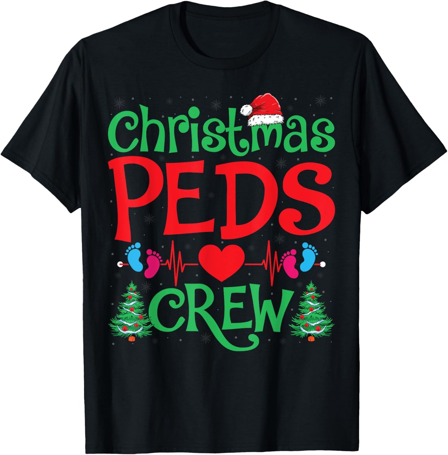 Christmas PEDS Crew Santa Hat Xmas Tree Pediatric Nurse T-Shirt - T-Shirt | Black